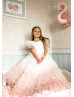 White Pink Ruffle Tulle Feather Flower Girl Dress